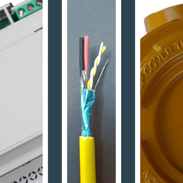 Three pictures of a control panel cable, remote relay module, and atex junction box on a dark green and white background 