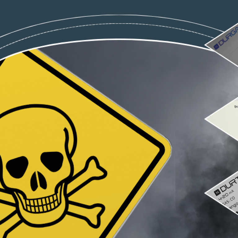 A large circle on a green background that shows a yellow and black toxic symbol and grey gas. There are three triangles with images of the toxic gas detection systems from Duran Electrónica.