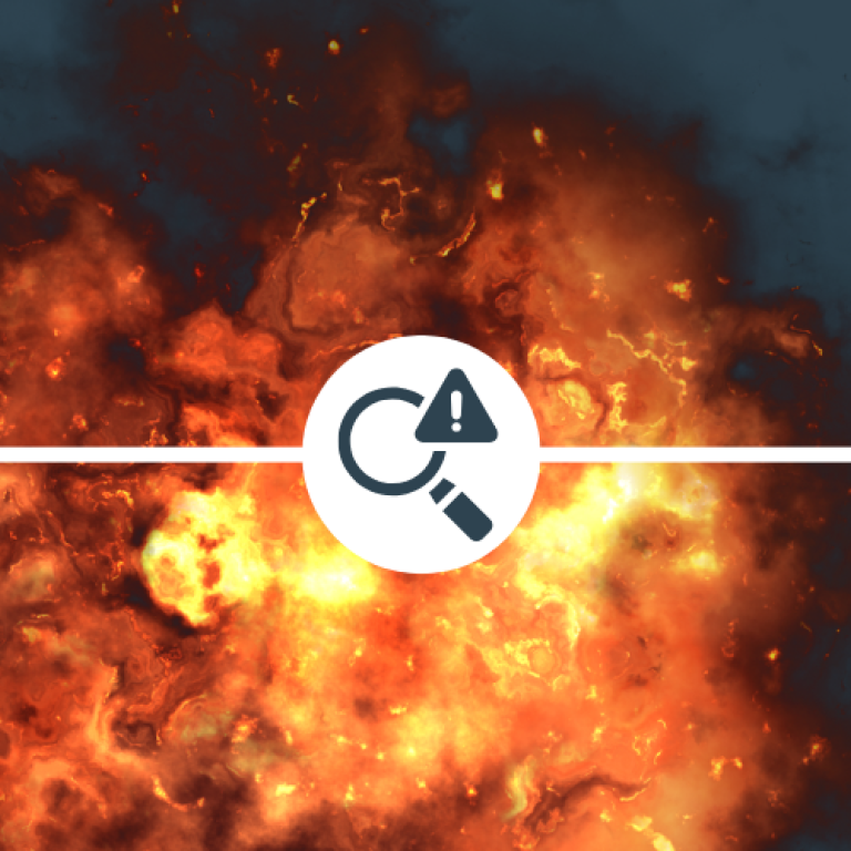 An orange gas explosion with a white circle and line with a magnifying glass and alert icon in the centre