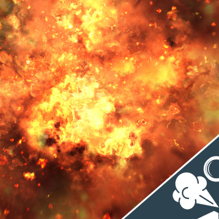 Orange and yellow explosion with a white gas leak and magnifying glass icon