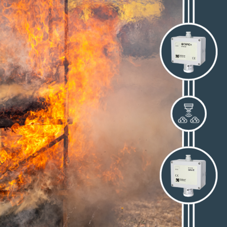 A fiery orange and smoky explosion next to a dark green background and three white circles that show gas detection technology from Duran Electronica and a gas detection symbol.