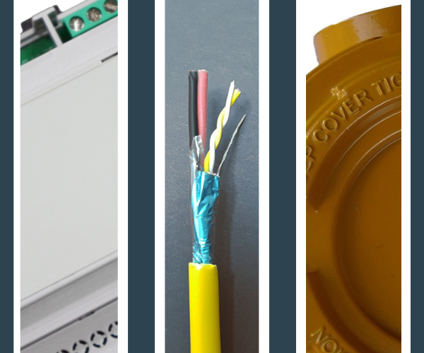 Three pictures of a control panel cable, remote relay module, and atex junction box on a dark green and white background 