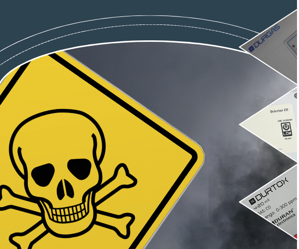 A large circle on a green background that shows a yellow and black toxic symbol and grey gas. There are three triangles with images of the toxic gas detection systems from Duran Electrónica.