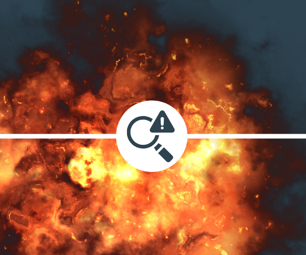 An orange gas explosion with a white circle and line with a magnifying glass and alert icon in the centre