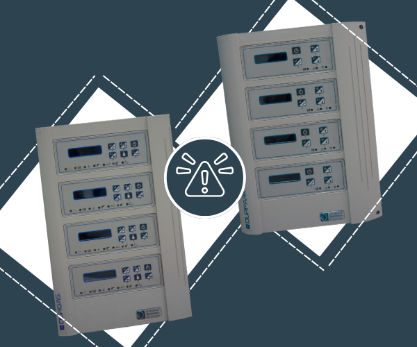 DURGAS and DURPAK control panels sit on a white diamond and dark green background with an alert symbol in the centre.
