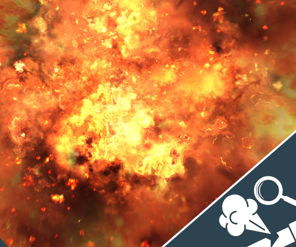 Orange and yellow explosion with a white gas leak and magnifying glass icon