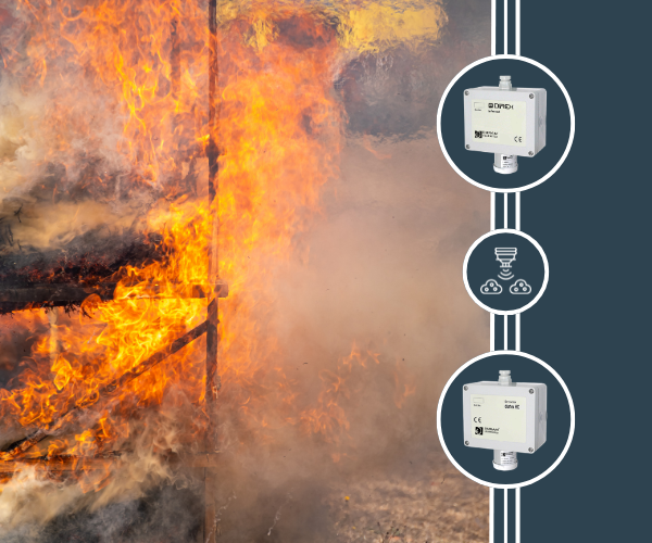 A fiery orange and smoky explosion next to a dark green background and three white circles that show gas detection technology from Duran Electronica and a gas detection symbol.